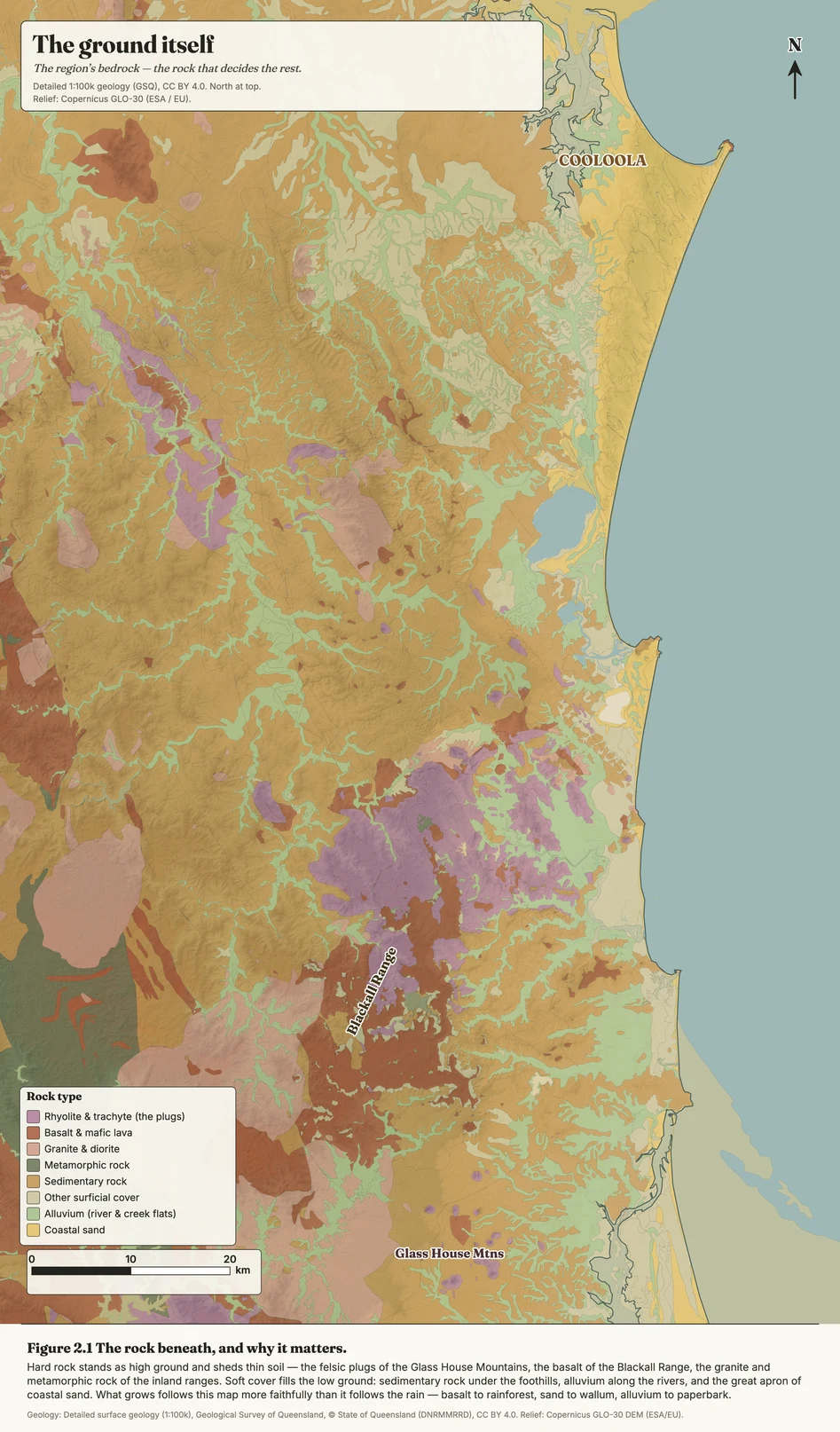 Geology map of the Sunshine Coast from GSQ detailed mapping: the Glass House felsic plugs, the Blackall Range basalt in terra red, granite and sedimentary lowlands, and the coastal sand, each a distinct rock unit over shaded relief