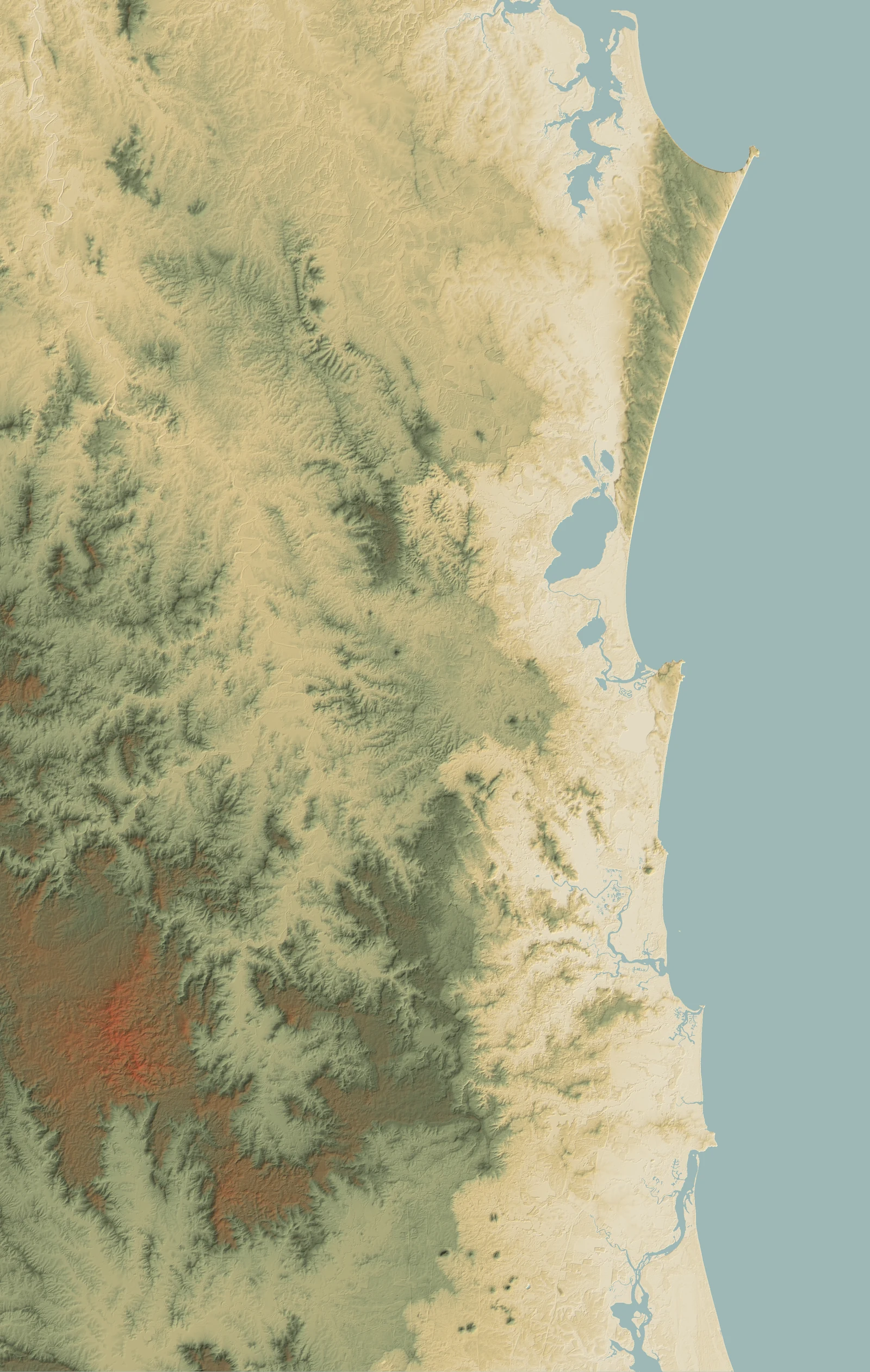 Shaded-relief map of the Sunshine Coast, from the Glass House Mountains and Pumicestone Passage in the south to Cooloola and Double Island Point in the north — the same canonical relief used in the book and the app